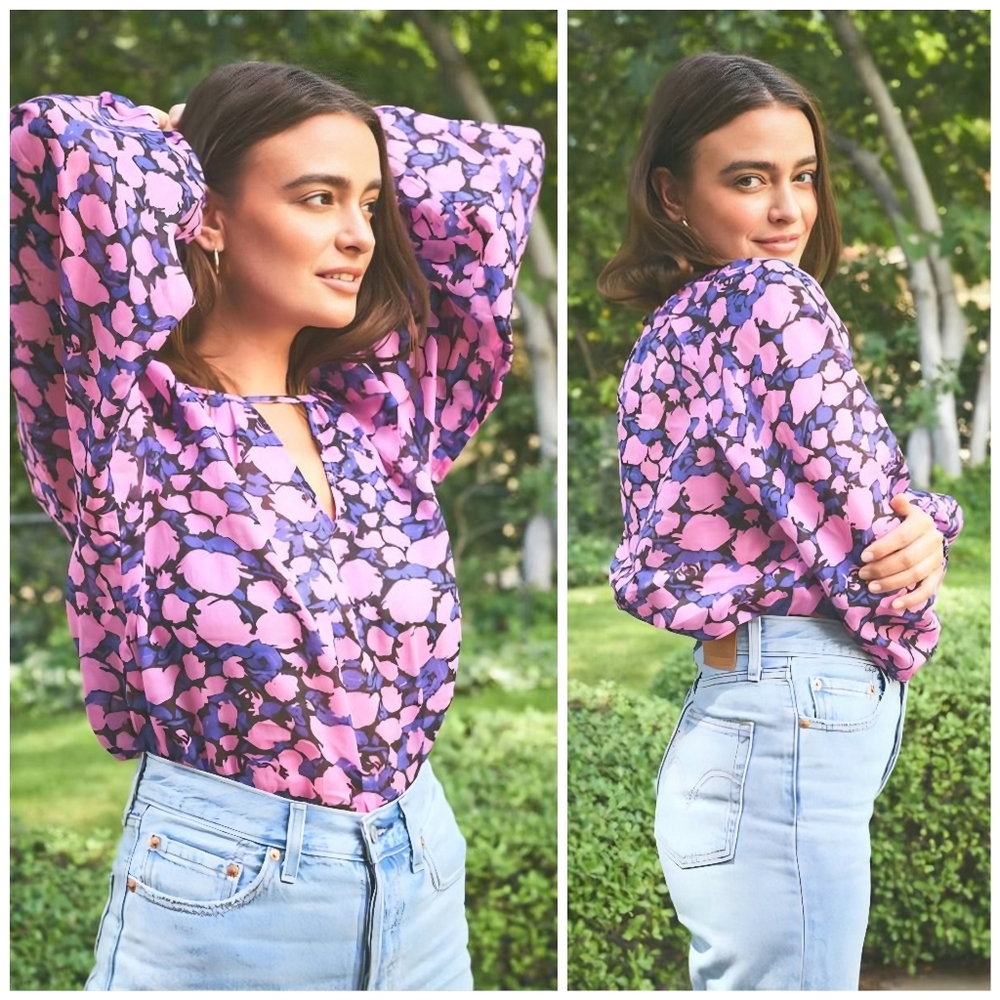 The Odells Floral Ramie Pink Purple Deborah Top, L